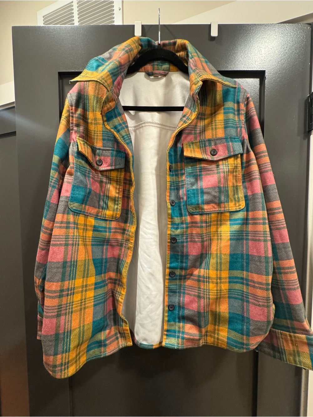 Plaid Button-Up Shirt Jacket in Teal, Mustard & Coral